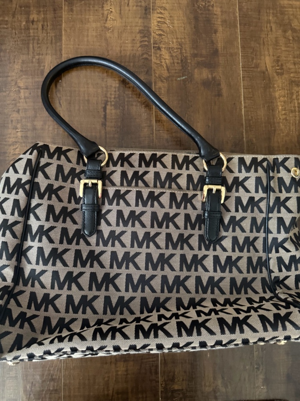 Michael Kors Beige and Black MK Print Shoulder Tote